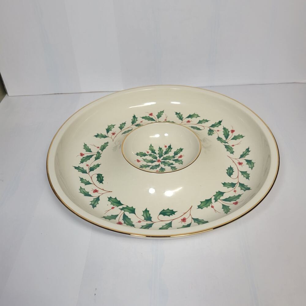 Vintage Lenox Holiday Chip and Dip Bowl Porcelain Holly Berry Gold Trim Platter